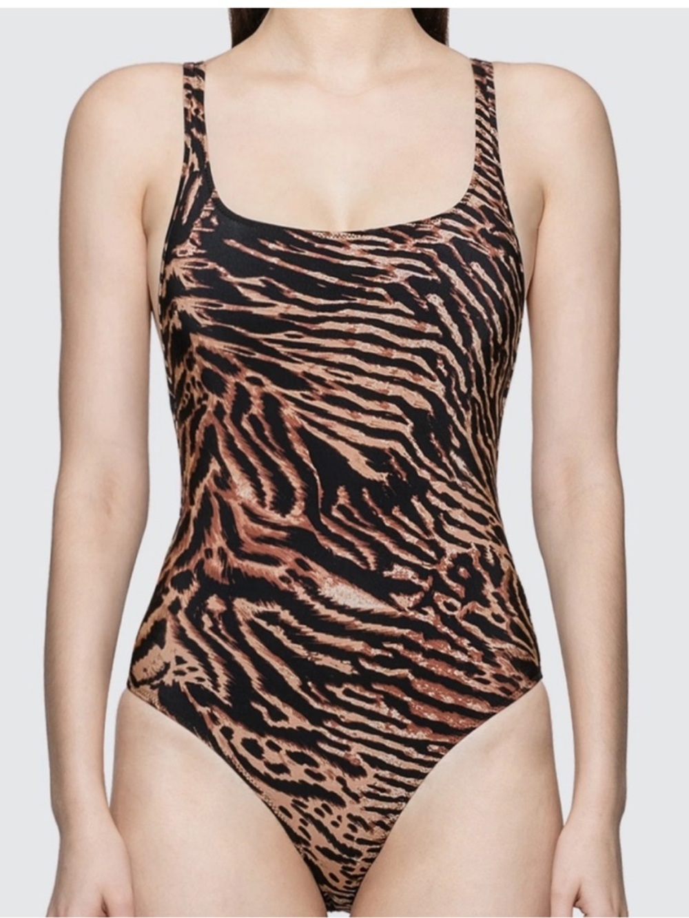 Ganni Tiger-Stripe Scoop One-Piece Swimsuit, size 42